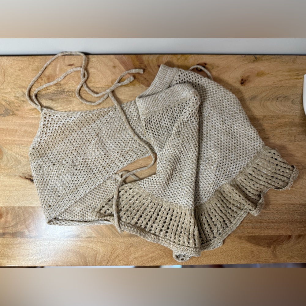 Beige Crochet Knit 2 Piece Vacation Set Halter Top Mini Skirt Resort NEW
